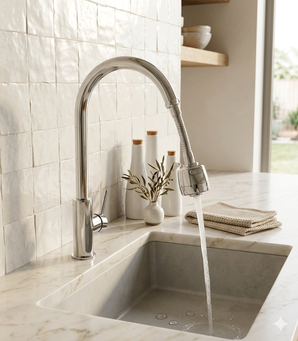 A modern chrome gooseneck kitchen faucet with a pull-out sprayer, shown run The background features backsplash and neutral kitchen decor.