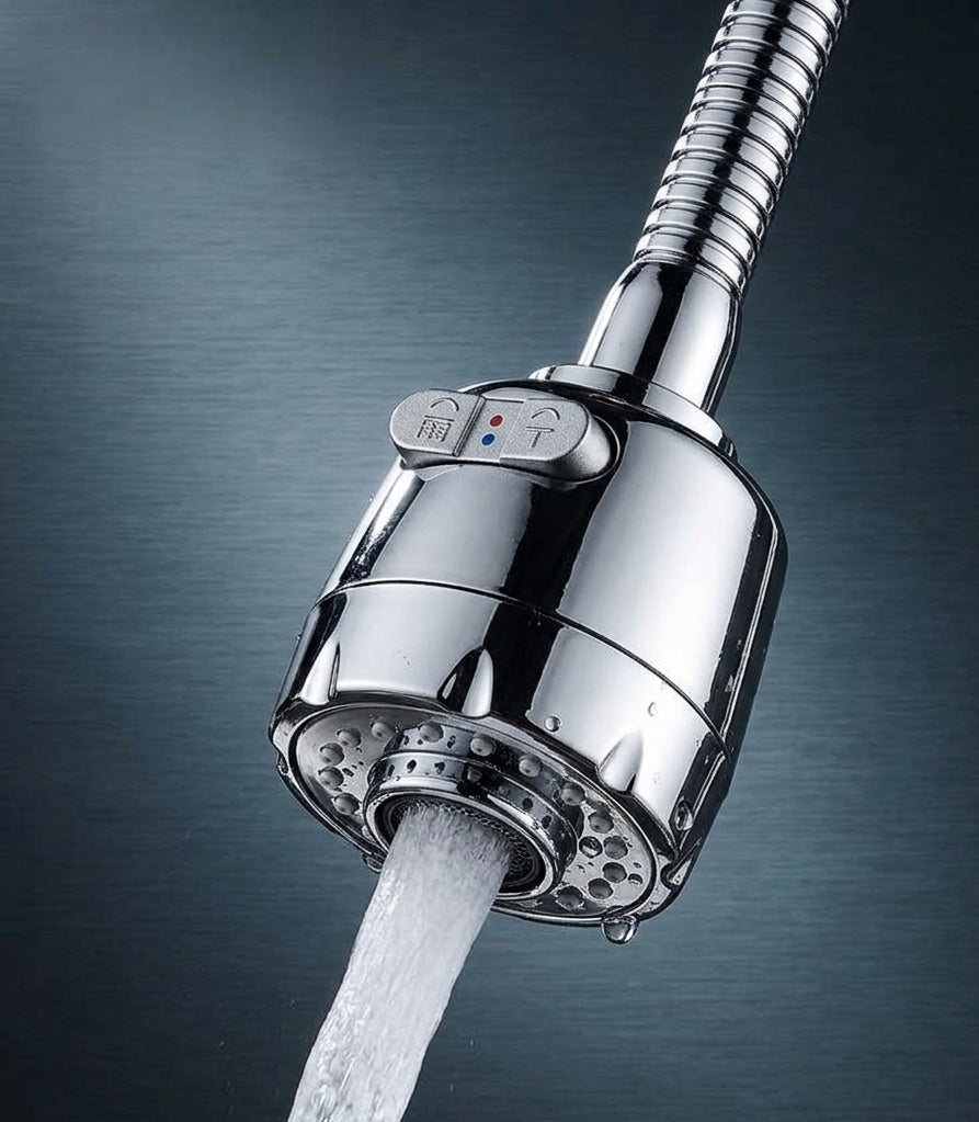 A close-up of a polished chrome pull-out kitchen faucet shower head with water flowing from the spout, set against a dark blue-gray gradient background.
